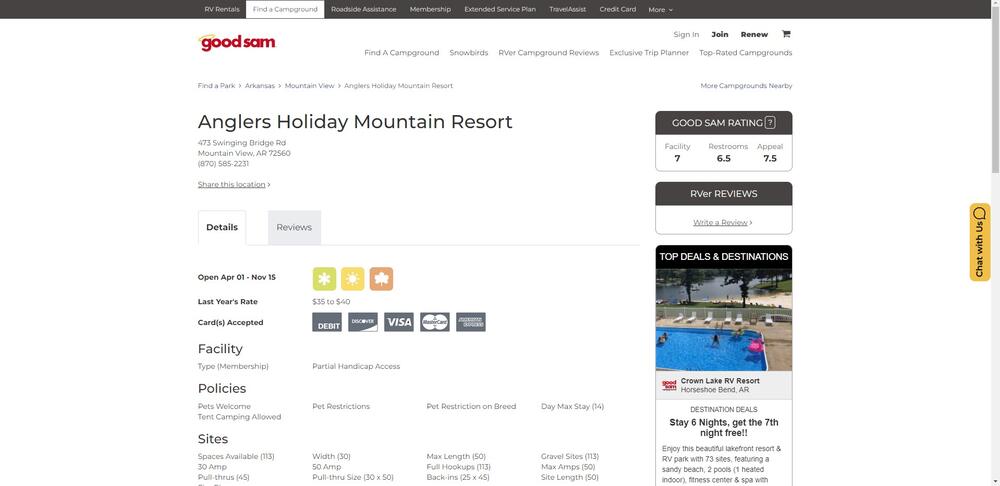 anglers holiday mtn resort webpage image
