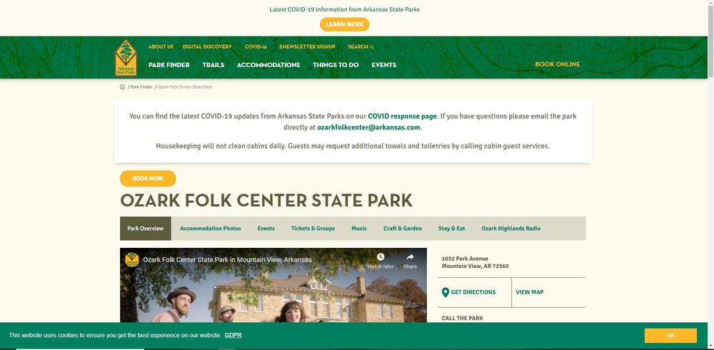 Ozark Folk Center webpage image